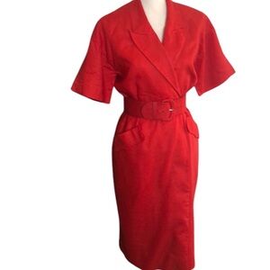 Vintage St. Gillian Red Belted Linen Midi Dress